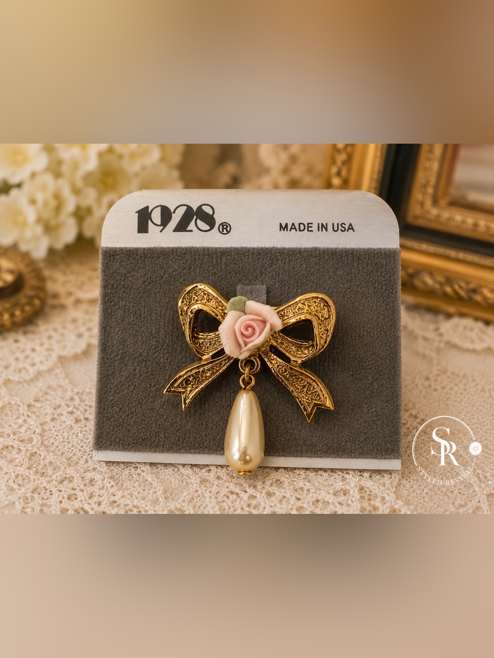 1928 New on Card Ceramic Rose Bow Pearl Dangle Brooch Pin Made in USA